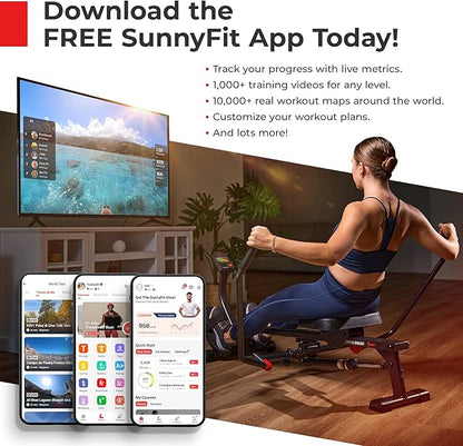 Sunny Health & Fitness Full-Motion Rowing Machine w/Adjustable Resistance, Low-Impact Full-Body Workout Rower w/Long Slide Rail, Space-Saving Design, Free SunnyFit App Connection