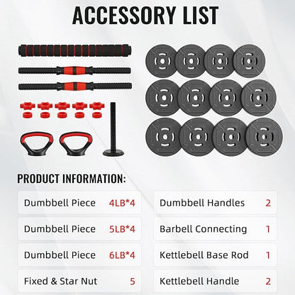 Fitvids Adjustable Dumbbell Set, 40/60LBS Free Weight Set, Multi-Functional Portable Changeable Dumbbell Barbell Kettlebell Set for Home, Multiple Style