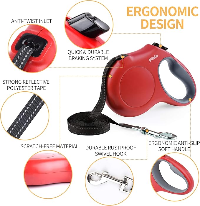 Fida Retractable Dog Leash with Dispenser and Poop Bags, 10 ft Pet Walking Leash for X-Small Dog or Cat up to 18 lbs, Anti-Slip Handle, Tangle Free, Reflective Nylon Tape (XS, Red)