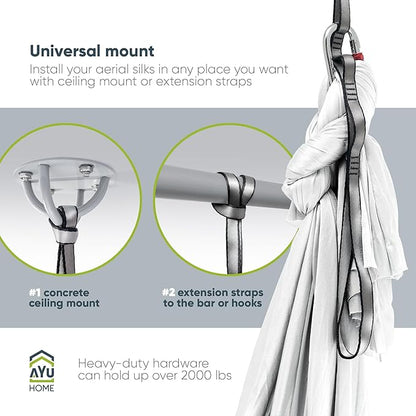 AyuHome Aerial Silks Kit for Home - Premium Yoga Swing for Kids and Adults with 660 lbs Capacity - Versatile Aerial Yoga Hammock for Gymnastics Training