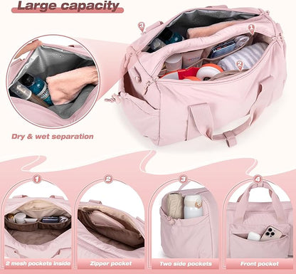 Small Gym Bag for Women, Mini Duffle Bag with Wet Compartment, 12L Travel Carry on Weekender Bag for Sports, Workout and Fitness, Pink