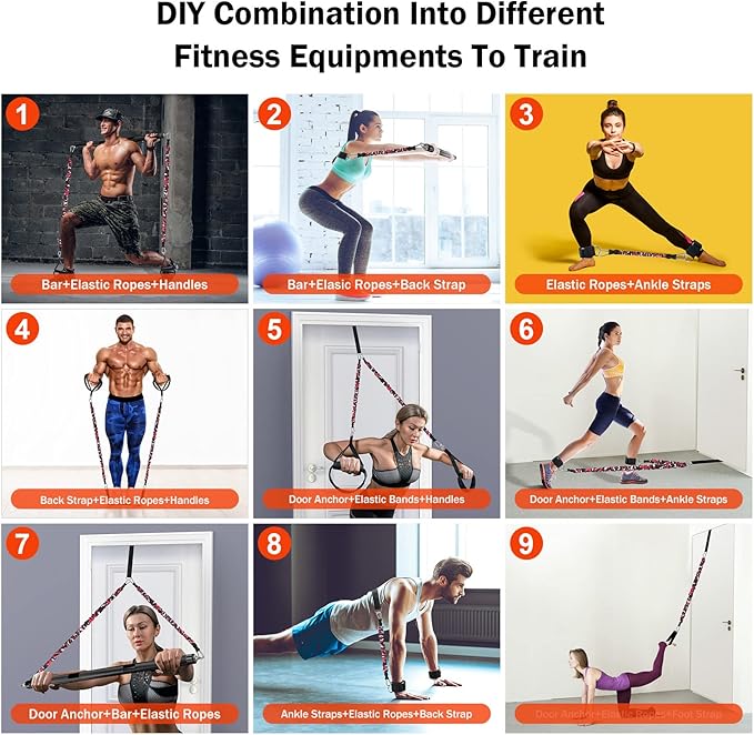 DASKING Portable Home Gym Resistance Band Set With8 Anti-Break Bands, Detachable 500LBS Pilates Bar, Full Body Workout Equipment w/Ankle Straps & Door Anchor