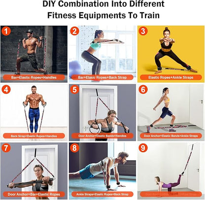 DASKING Portable Home Gym Resistance Band Set With8 Anti-Break Bands, Detachable 500LBS Pilates Bar, Full Body Workout Equipment w/Ankle Straps & Door Anchor