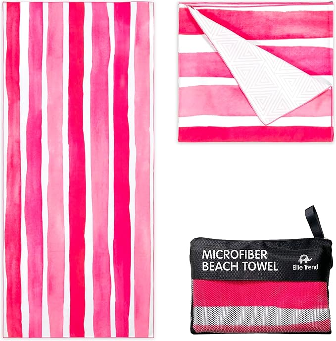 Elite Trend XL Beach Towel for Travel – Extra Large 78x35 Inch w/Bag – Lightweight Microfiber, Compact, Soft, Quick Dry, Sand Free – for Swimming, Pool, Camping, Yoga, Workout – Pink Stripes