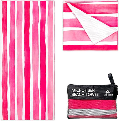 Elite Trend XL Beach Towel for Travel – Extra Large 78x35 Inch w/Bag – Lightweight Microfiber, Compact, Soft, Quick Dry, Sand Free – for Swimming, Pool, Camping, Yoga, Workout – Pink Stripes