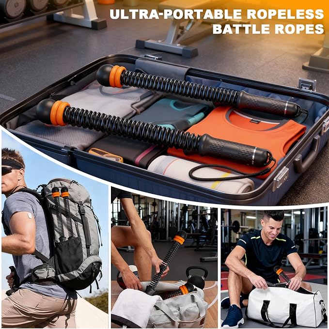 Portable Ropeless Battle Ropes, Adjustable Weights Cordless Battle Ropes for Home Gym with Storage Bag, Weighted Exercise Equipment for Low-Impact Workout, Strength & HIIT, for Men & Women (Black)