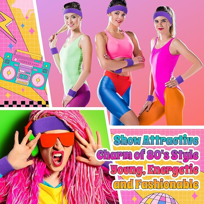 3 Pack Neon Sweatbands Set 80s Wristband and Headband Color War Accessories Sports Sweatbands for Summer Ball Party