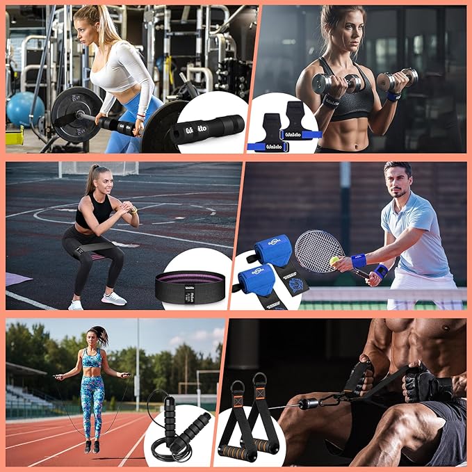 WALITO Barbell Squat Pad Set for Women, 10 Pcs Hip Thrust Gym Equipment with Exercise Handles, Wrist Wraps, Lifting Straps, Booty Band & Jump Rope, Portable Cable Machine Attachments