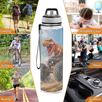 Fustylead T-rex Riding Monster Truck Tritan Water Bottle with Straw and Lids, 32 oz Reusable BPA Free Sport Water Bottle for Gym Camping Hiking Travel