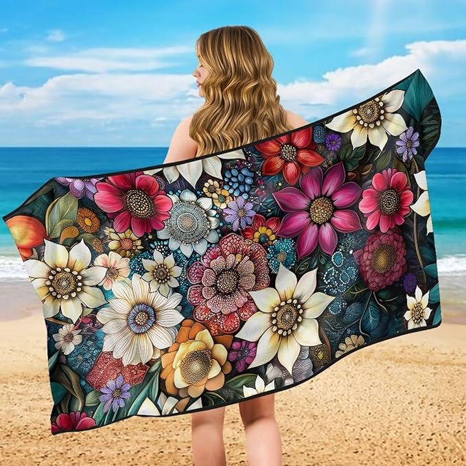 Bulopur Hippie Dahlia Floral Beach Towel Car Seat Bucket Terry Cloth Seat Covers Blanket Absorbent Soft Fabric Modern Car Decor Accessories