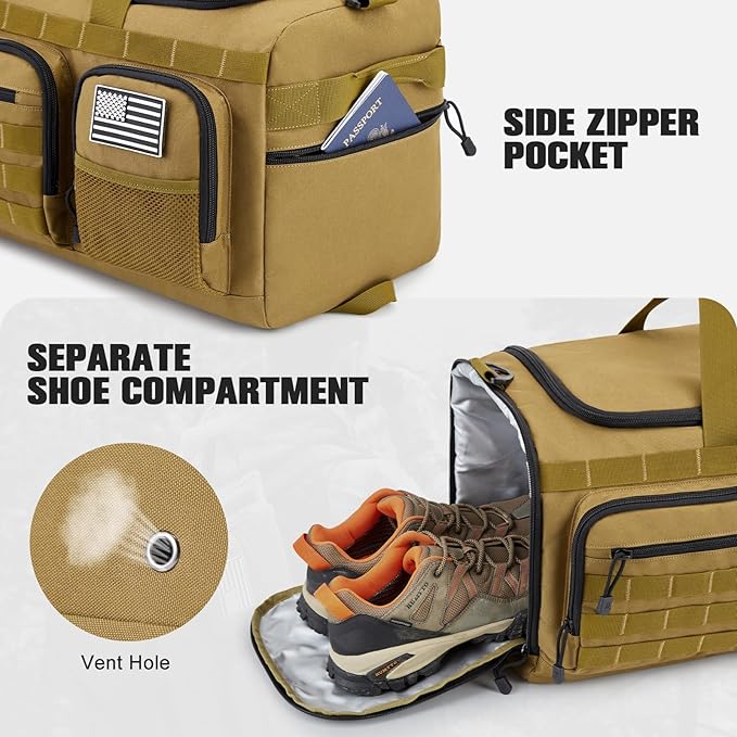 G4Free 3-in-1 Travel Duffle Bag for Men and Women, 50L Large Gym Sports Bags Tactical Military Duffle Backpack with Shoes Compartment and Wet Pocket (Khaki)
