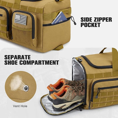 G4Free 3-in-1 Travel Duffle Bag for Men and Women, 50L Large Gym Sports Bags Tactical Military Duffle Backpack with Shoes Compartment and Wet Pocket (Khaki)