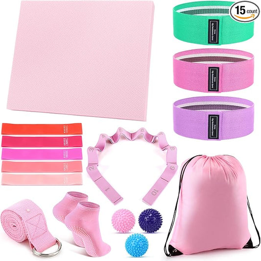 16 Pcs Home Pilates Kit for Women Resistance Band, Stretching Band, Non Slip Socks, Yoga Fascia Balls, Stretch Belt in Sections, Balanced Cushions, Hip Belt and Drawstring Bag