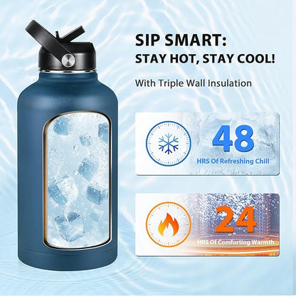 Insulated Water Bottle 64 oz, Triple Wall Vacuum Stainless Steel Water Bottles (Cold for 48 Hrs), Leak Proof & Non-BPA, Half Gallon Water Flask Jug Wide Mouth Straw Lid & Spout Lid