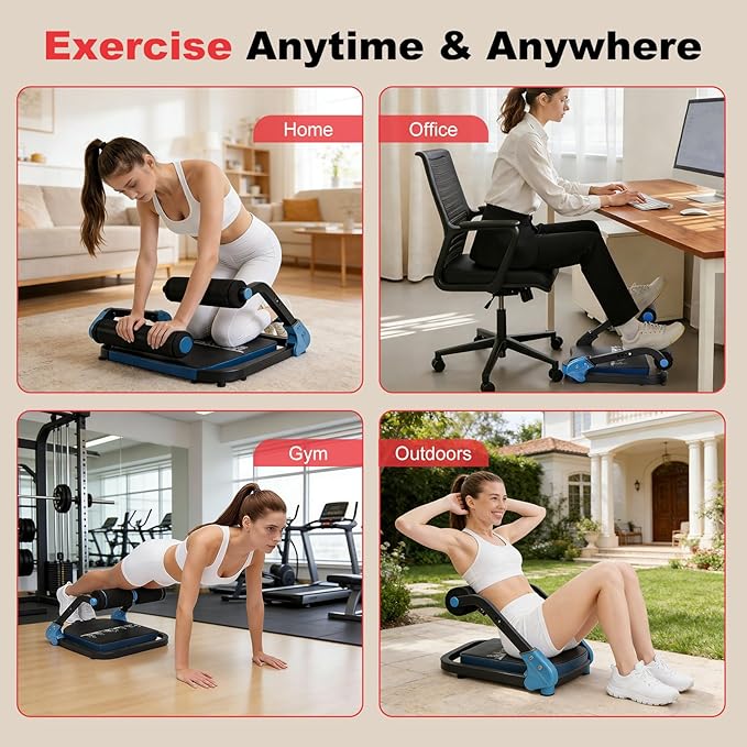 Ab Machine, Sit Up Exercise Equipment & Core Machine, Home Workout Equipment, Adjustable Ab Trainer, with 3 Resistance Levels & 2 Elastic Rope