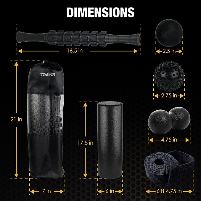 7-Piece Massage Roller Kit with Carrying Bag Trnr-MRK-BLK, Exercise Equipment for Physical Relief, Workout Equipment Includes Foam Roller, Stretching Strap, Spike Ball, Peanut Ball, and More