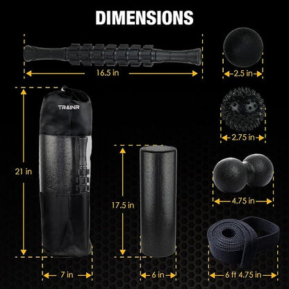 7-Piece Massage Roller Kit with Carrying Bag Trnr-MRK-BLK, Exercise Equipment for Physical Relief, Workout Equipment Includes Foam Roller, Stretching Strap, Spike Ball, Peanut Ball, and More