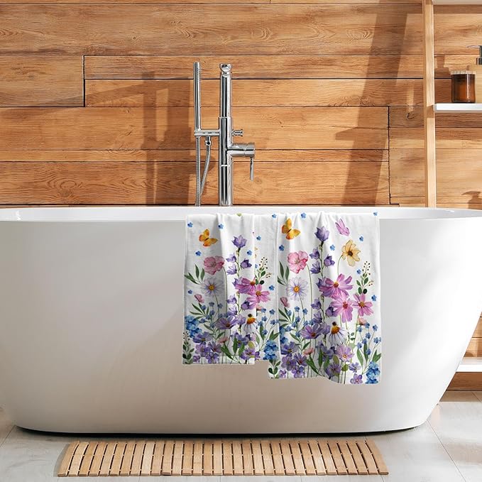 Spring Wildflower Kitchen Towels 14"x28" Set of 2 Watercolor Floral Hand Bath Towel Spring Summer Seasonal Soft Absorbent Fingertip Towel for Bathroom Shower Hotel Gym