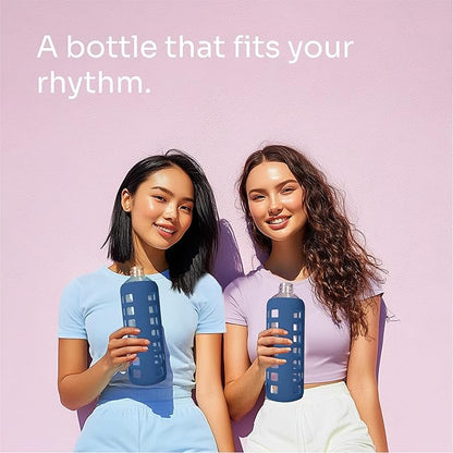 purifyou 40oz / 32oz / 22oz / 12oz Borosilicate Glass Water Bottle with Time & Volume Markers, Silicone Sleeve, Stainless Steel Lid – Reusable Glass Bottle for Water & Juice (32oz Chinese Porcelain)