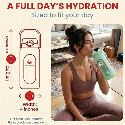 32 oz Glass Water Bottle – Light Green | Borosilicate with Time Markers, Flip Straw & Silicone Sleeve – Compact Leakproof Hydration for Travel or Office