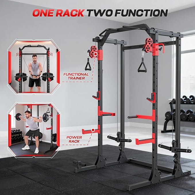 Power Cage with Dual Cable Crossover System, 2000LBS Heavy Duty Squat Rack with Independent Pulleys for Full Body Workout, All-in-One Home Gym Equipment,Compact 13.26 Sq Ft for Garage & Basement