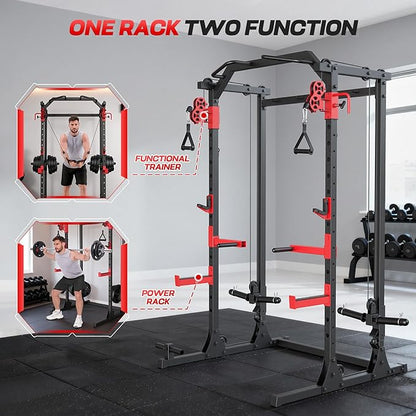 Power Cage with Dual Cable Crossover System, 2000LBS Heavy Duty Squat Rack with Independent Pulleys for Full Body Workout, All-in-One Home Gym Equipment,Compact 13.26 Sq Ft for Garage & Basement