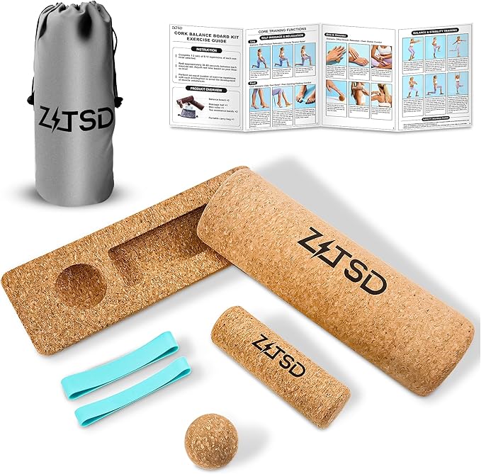 Natural Cork Balance Board Kit - 4-in-1 Foot & Ankle Strengthener with Half-Cylinder Boards, Mini Roller, Massage Ball & Toe Resistance Bands - Portable Balance Trainer for Home, Office & Gym
