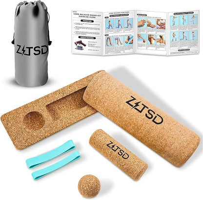 Natural Cork Balance Board Kit - 4-in-1 Foot & Ankle Strengthener with Half-Cylinder Boards, Mini Roller, Massage Ball & Toe Resistance Bands - Portable Balance Trainer for Home, Office & Gym