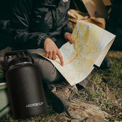 1.5 Gallon Water Jug with Wide Mouth, 192oz Insulated Water Bottle Keep Cold24h&Hot12h, Comes with Ergonomic Handle, Two Double Walled 16oz 18/8 Stainless Steel Cups Thermo Canteen Mug