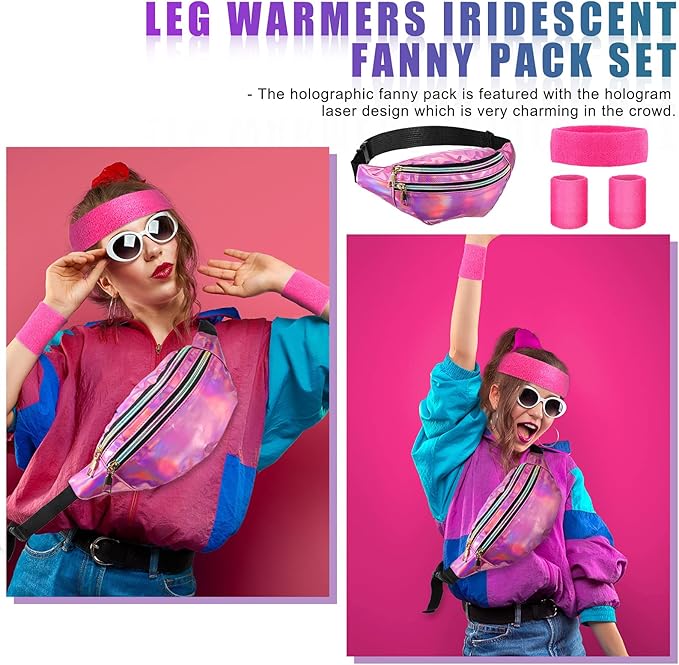 SATINIOR 80s Women Workout Outfit Neon Leg Warmer Headband Wristbands Fanny Pack Set 80s Accessories for Yoga Running