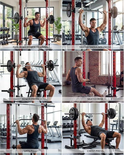 Smith Machine with Bench, Heavy Duty Power Cage Squat Rack with Smith Bar, LAT Pulldown System, Chest Station & More Training Attachment, Home Gym Equipment for Strengthen Training