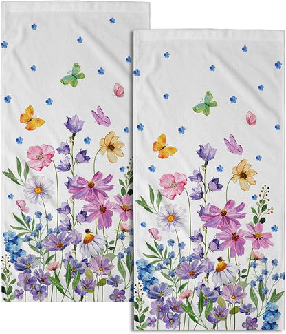 Spring Wildflower Kitchen Towels 14"x28" Set of 2 Watercolor Floral Hand Bath Towel Spring Summer Seasonal Soft Absorbent Fingertip Towel for Bathroom Shower Hotel Gym