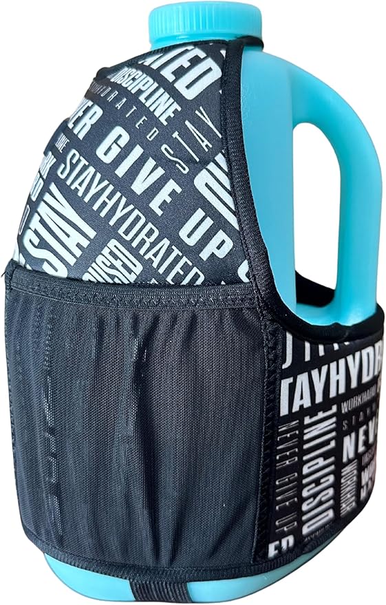 Gallon Gear 1 Gallon Large Water Bottle with Cover - BPA Free Plastic, Reusable Water Jug and Neoprene Cooling & Insulated Carrier with Storage Pockets (Aqua/Motivation Black/White)