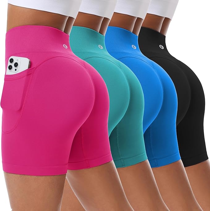 Evercute Women's Gym Shorts 3/4 Pack Seamless Scrunch Butt Lifting Workout Shorts 5" Tummy Control Ruched Booty Yoga Short