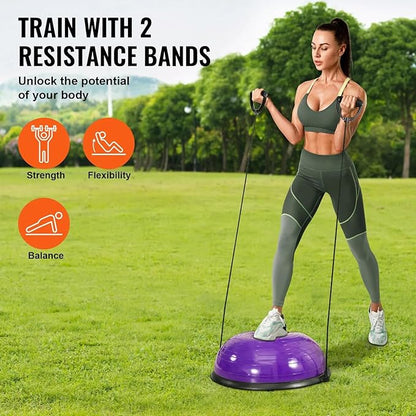 Half Exercise Ball Trainer 23 inch Balance Ball Trainer 1500lbs Capacity Stability Ball with Resistance Bands & Foot Pump, Strength Fitness Ball for Home Gym Full Body Workout