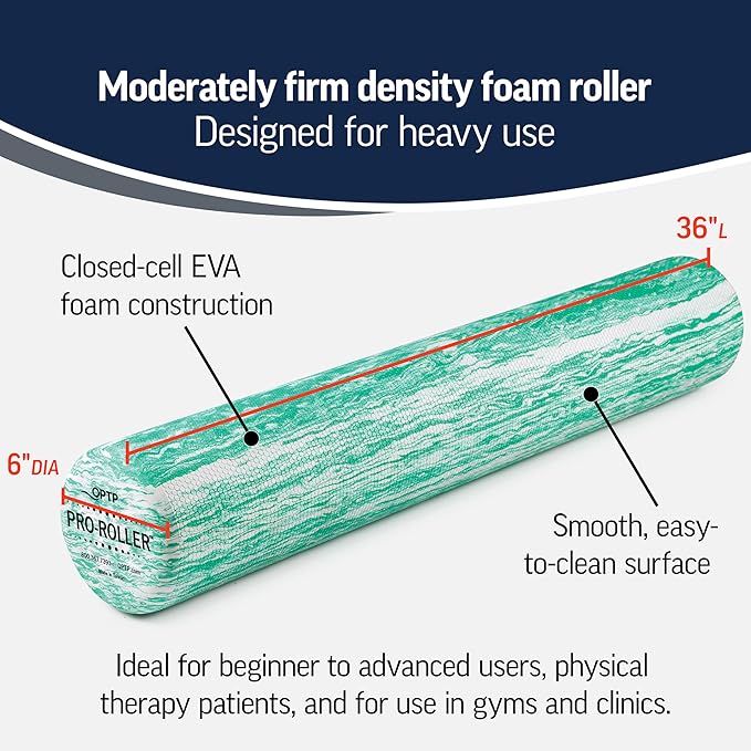 OPTP PRO-ROLLER Standard Density Foam Roller - Durable Roller for Back Massage, Deep Tissue Foam Roller Exercises, Stretching, Fitness, Yoga and Pilates - 36 Inches by 6 Inches, Green