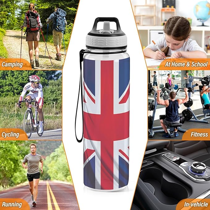YETTASBIN British Flag Clear Water Bottle with Straw Lid, BPA-Free Leakproof Sport Water Bottle 32oz Large Gym Water Jug for Men Women Travel Fitness Outdoor