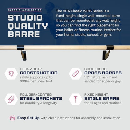 VITA Barre Wall-Mounted Single Ballet Barre, Classic WB15, Wood | Fixed Height, Made in USA, Home, Studio or Gym Exercise Equipment for Kids & Adults | Dance, Fitness, Pilates