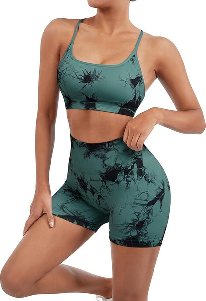 SUUKSESS Women Seamless Workout Sets Strappy Sports Bra High Waist Booty Shorts Outfits