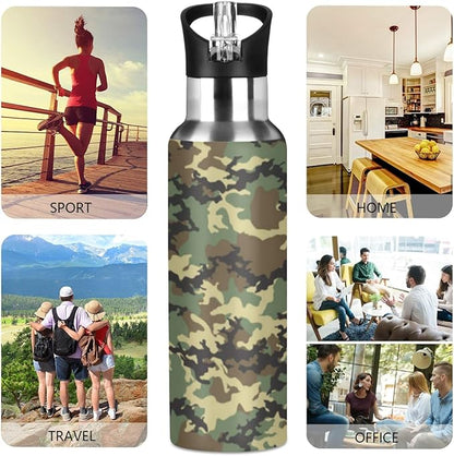 Military Print Camo Water Bottle Vacuum Insulated Stainless Steel Mug Kids Water Bottle with Straw and Handle Keep Hot Cold Sport Bike Fit Travel Outdoor 20 oz