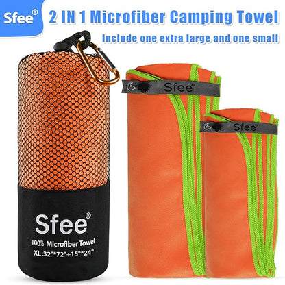 Sfee 2 Pack Camping Towel, Quick Dry Towel Super Absorbent Travel Microfiber Towels, Fast Drying Compact Soft Lightweight Sports Towel Set for Beach, Hiking, Travel, Gym, Backpacking, Pool +Carabiner