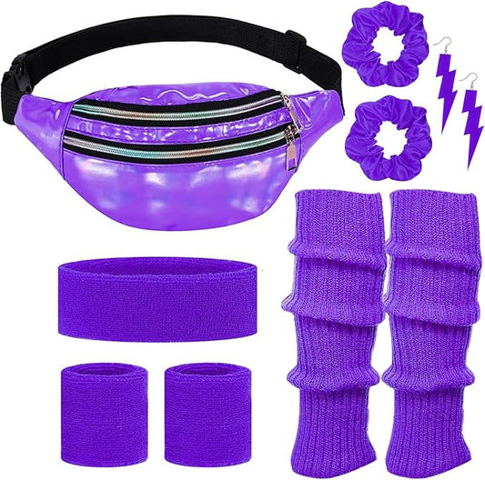 80s Neon Workout Costume Accessories Set 10 PCS Leg Warmers for Women 80s Headband Wristband Fanny Pack for Yoga Running