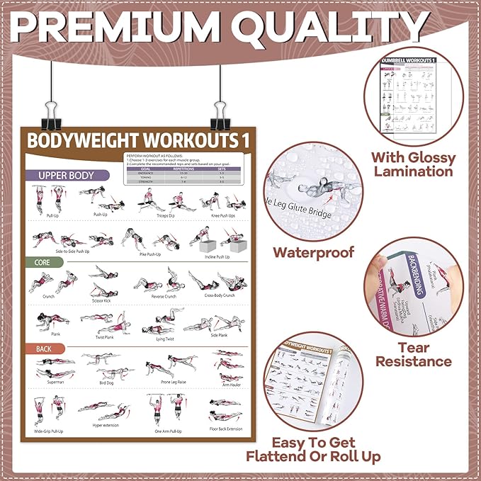 gisgfim 6PCS Workout Posters for Home Gym Dumbbell Bodyweight Stretching Workout Exercise Chart