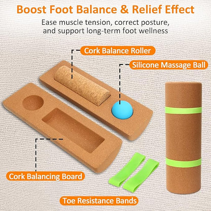 Cork Balance Board,4-in-1 Foot & Ankle Strengthener Kit-Ankle & Foot Strengthener Balance Trainer with Massage Roller & Ball,Natural Cork Foot Strengthener,Improve foot Functio,Enhance ankle strength,Balance Stability, Prevent Falls.