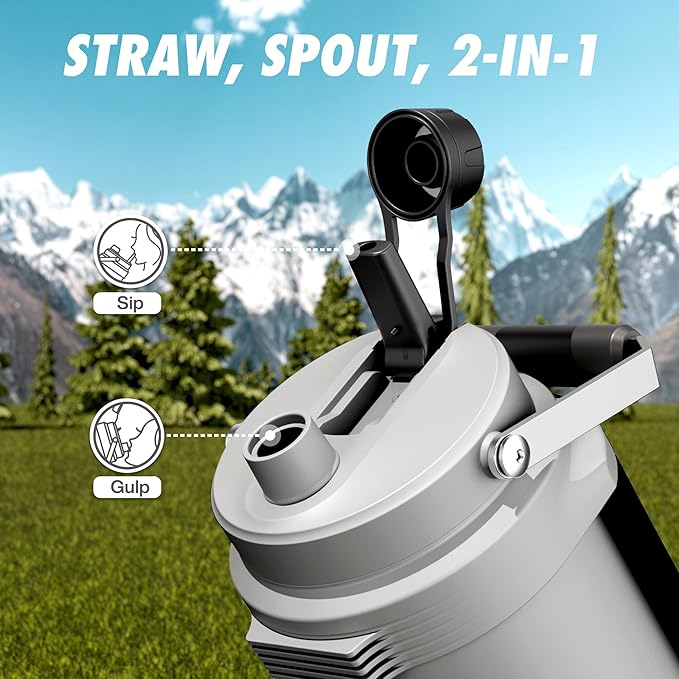 POWCAN 64 oz Insulated Water Bottle, 2-in-1 Straw Spout Lid, Dual Handle, Leakproof, Keep Cold 48H, Half Gallon Stainless Steel Water Jug for Travel, Gym, Work, Trip, Hiking, Workout, Picnic (Frost)