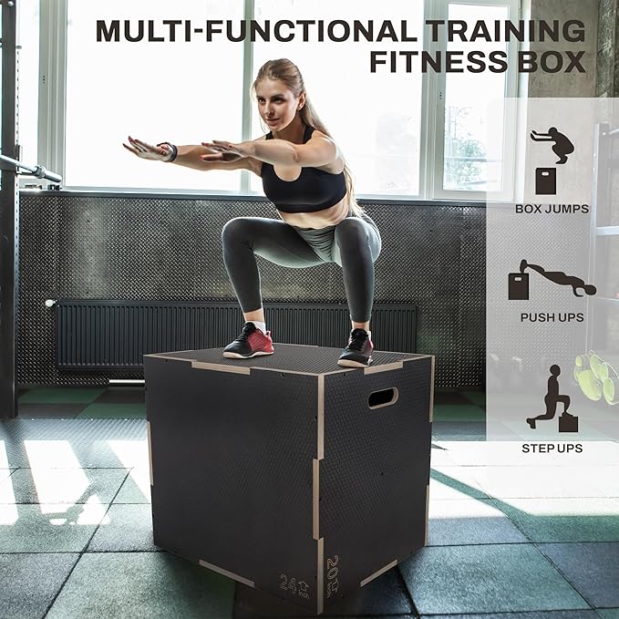 Signature Fitness 3 in 1 Non-Slip Wooden Plyo Box Jump Exercise Platform, Plyometric Workout Equipment for Home Gym, Training Step Box, Gray, Multiple Sizes