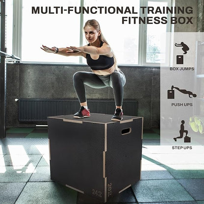 Signature Fitness 3 in 1 Non-Slip Wooden Plyo Box Jump Exercise Platform, Plyometric Workout Equipment for Home Gym, Training Step Box, Gray, Multiple Sizes