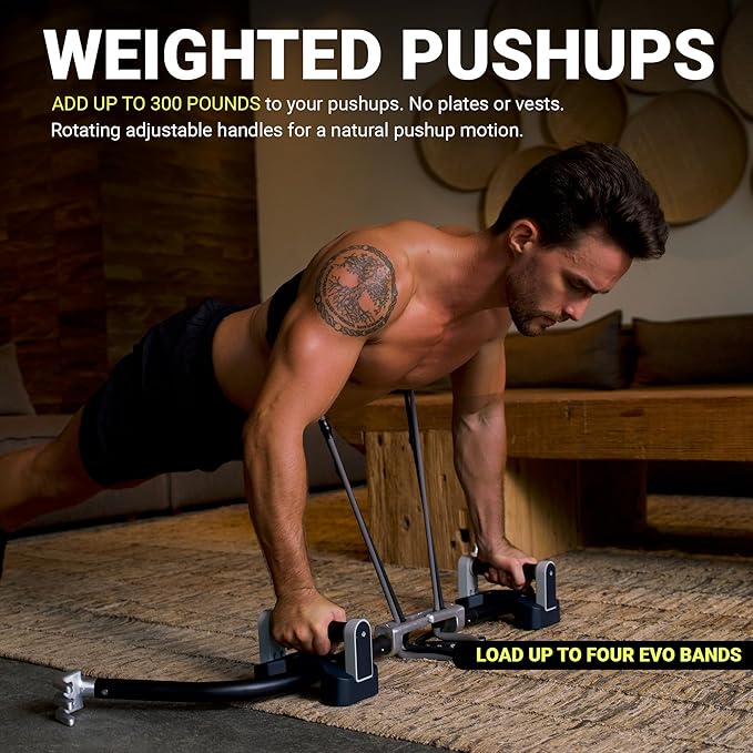 EVO Bow - All in One Portable Home Gym System with Weighted Pushups | Compact Strength Training and Exercise Equipment for Travel with Notched Resistance Bands for Full Body Training | 300lbs (Ultra)
