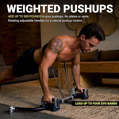 EVO Bow - All in One Portable Home Gym System with Weighted Pushups | Compact Strength Training and Exercise Equipment for Travel with Notched Resistance Bands for Full Body Training | 300lbs (Ultra)
