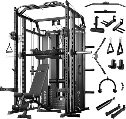 Mikolo Smith Machine with Weight Stack, Power Cage Home Gym System with LAT Pulldown & Cable Crossover, Multi-Functional Trainer with Dual Pulley System, Includes 10+ Free Attachments